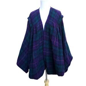 Boyne Valley Weavers Purple Green Wool Poncho Cape Irish Ireland One Size
